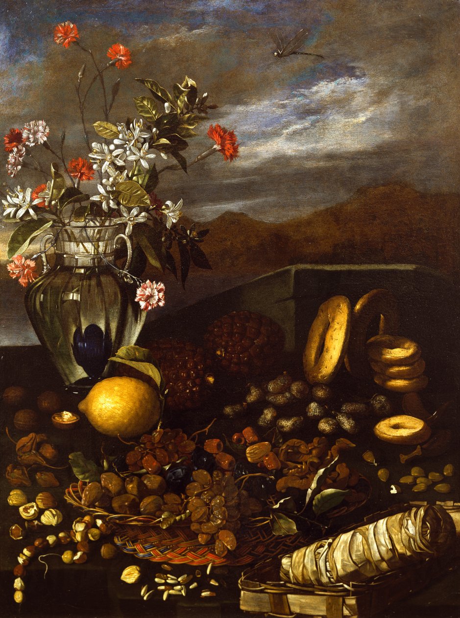 Zátiší se sušeným ovocem, květinami a krajinou, Luca Forte (1610-1670) od Luca Forte