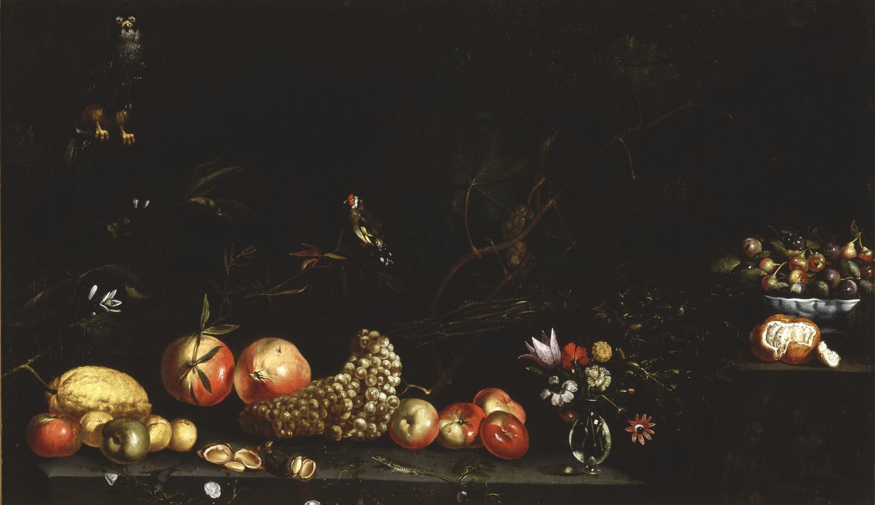 Zátiší s ovocem, květinami, jestřábem a stehlíkem, 1620-30 od Luca Forte