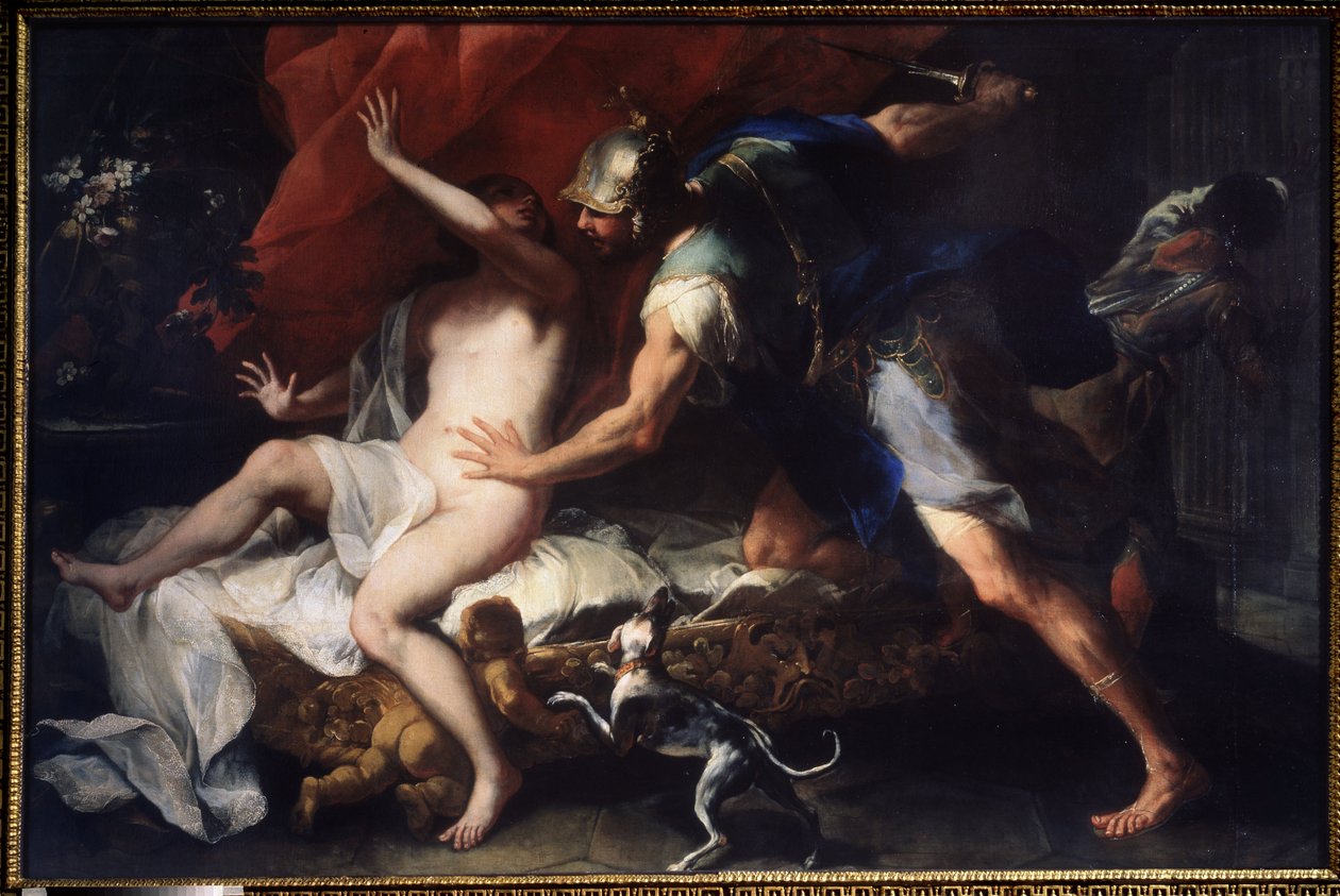 (Tarquinius a Lucretia) Znásilnění Lucretie (Lucrezia, Lucretia, římská dáma), oběti násilí jejího bratrance Sexta Tarquina, syna Tarquina Superba. Obraz Lucy Giordana (1632-1705) Státní muzeum umění 17. století, Tula, Rusko od Luca Giordano