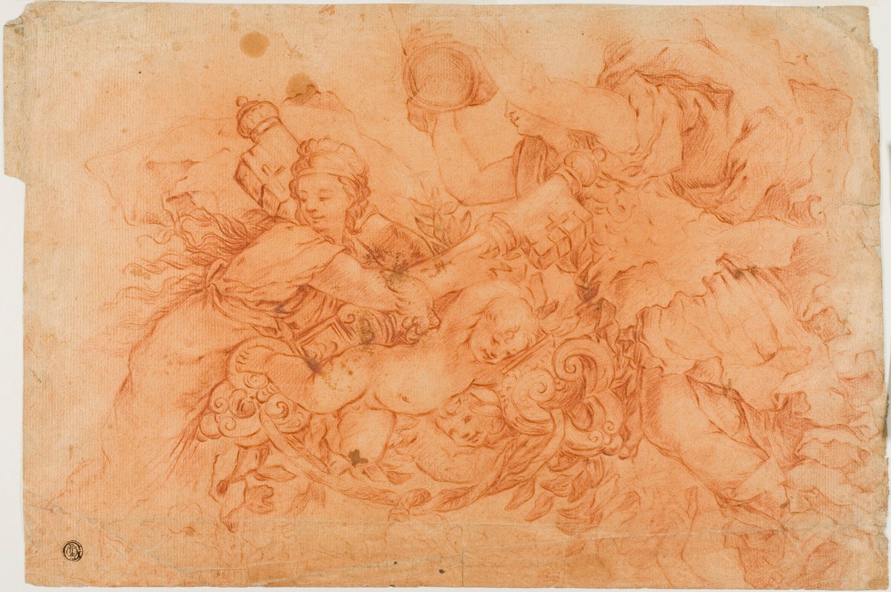 Alegorické postavy s papežskými insigniemi, studium podle Alegorie Boží prozřetelnosti v Palazzo Barberini v Římě od Luca Giordano