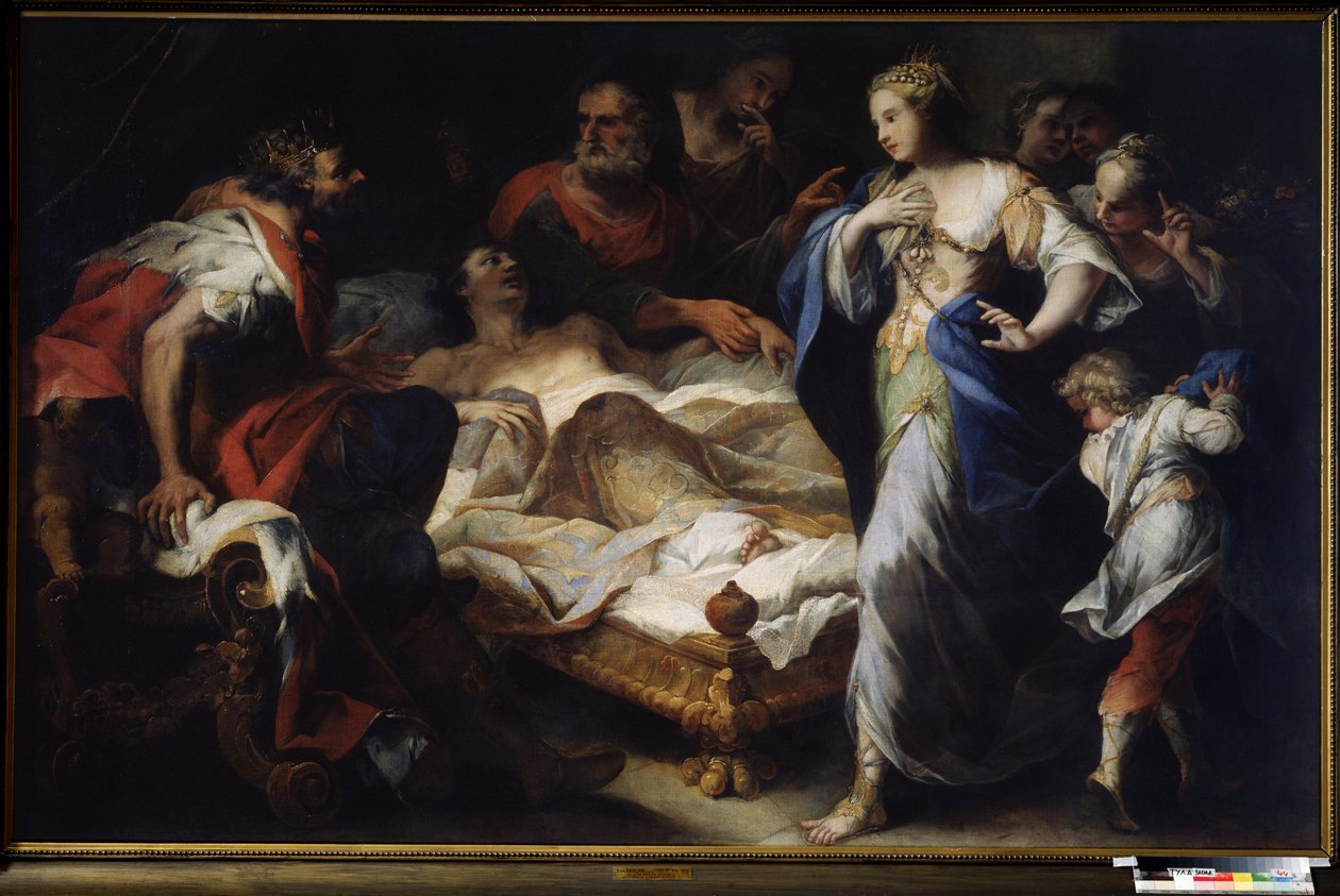 "Antiochus (ou Antiochos) et Stratonice (ou Stratonike)"" (Antiochus a Stratonice) Antiochus, syn krále Seleuka (nebo Seleuka) I. Nicatora léčí lékař Erasistratus z Ceosu z nemoci způsobené jeho láskou ke Stratonicím, manželka jeho otce, od Luca Giordano