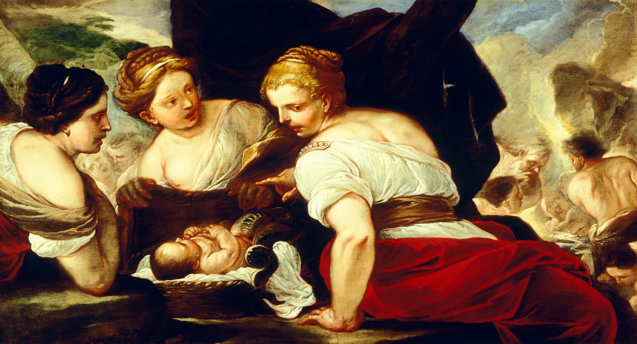 Otevírací košík Dcery Cecropse, který drží dítě Erichthonius, od Luca Giordana (1634-1705), olej na plátně, 76,5 x 133,5 cm od Luca Giordano