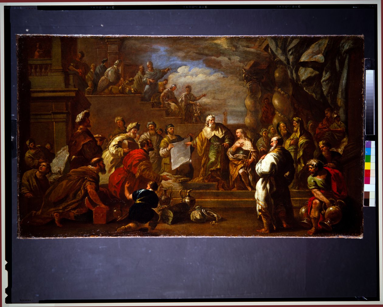 David ukazuje Šalamounovi plány chrámu (plátno) od Luca Giordano