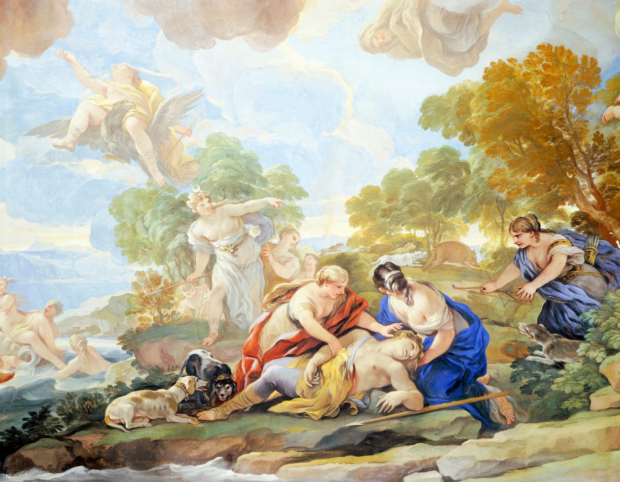 Adonisova smrt, detail cyklu fresek v Zrcadlovém sále, Luca Giordano (1634-1705), freska, Palazzo Medici Riccardi, Florencie od Luca Giordano