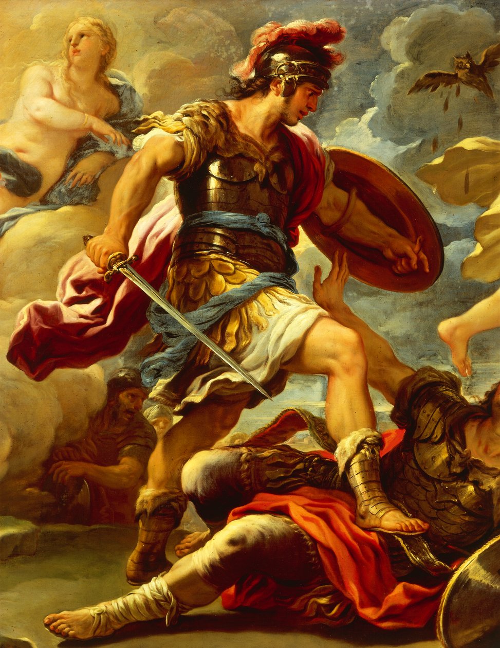Postava Aenea, detaily z Aeneas porazí Turnus, Luca Giordano (1634-1705), olej na plátně od Luca Giordano