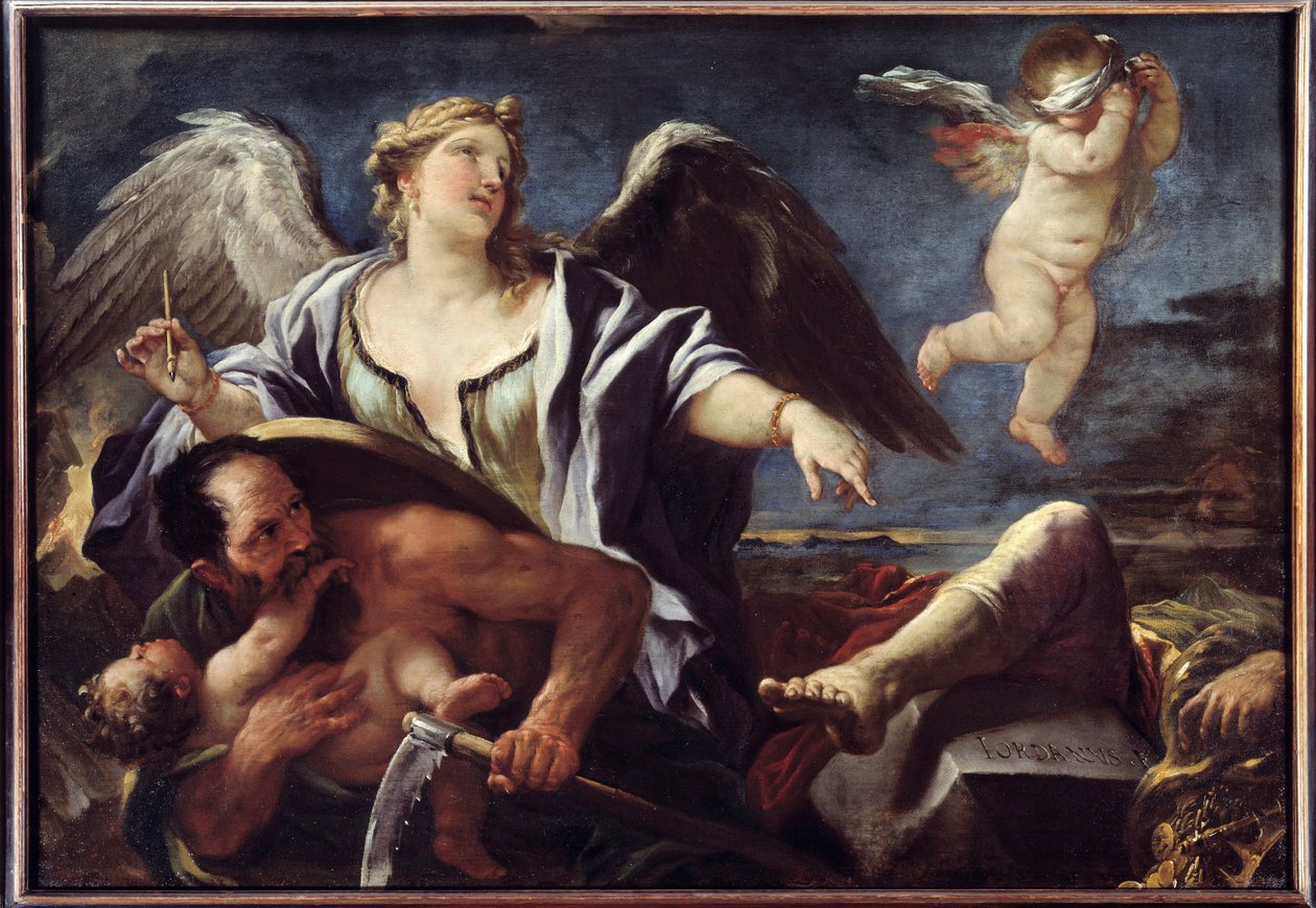 Historie Psaní potvrzení na zadní straně času Obraz Lucy Giordano dit Fa Presto (1632-1705) 17. století. Brest, Muzeum výtvarných umění od Luca Giordano