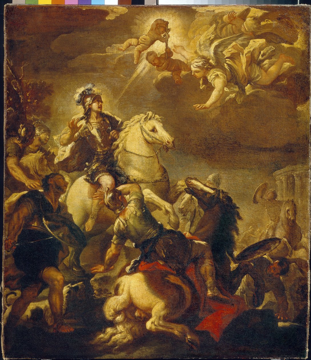 Zjevení kříže císaři Konstantinovi (Flauius Valerius Aurelius Constantinus, 272-306). (Zjevení kříže císaři Konstantinovi). Malba Lucy Giordana (1632-1705), olej na plátně, kolem roku 1680. Italské umění (Neapol) od Luca Giordano