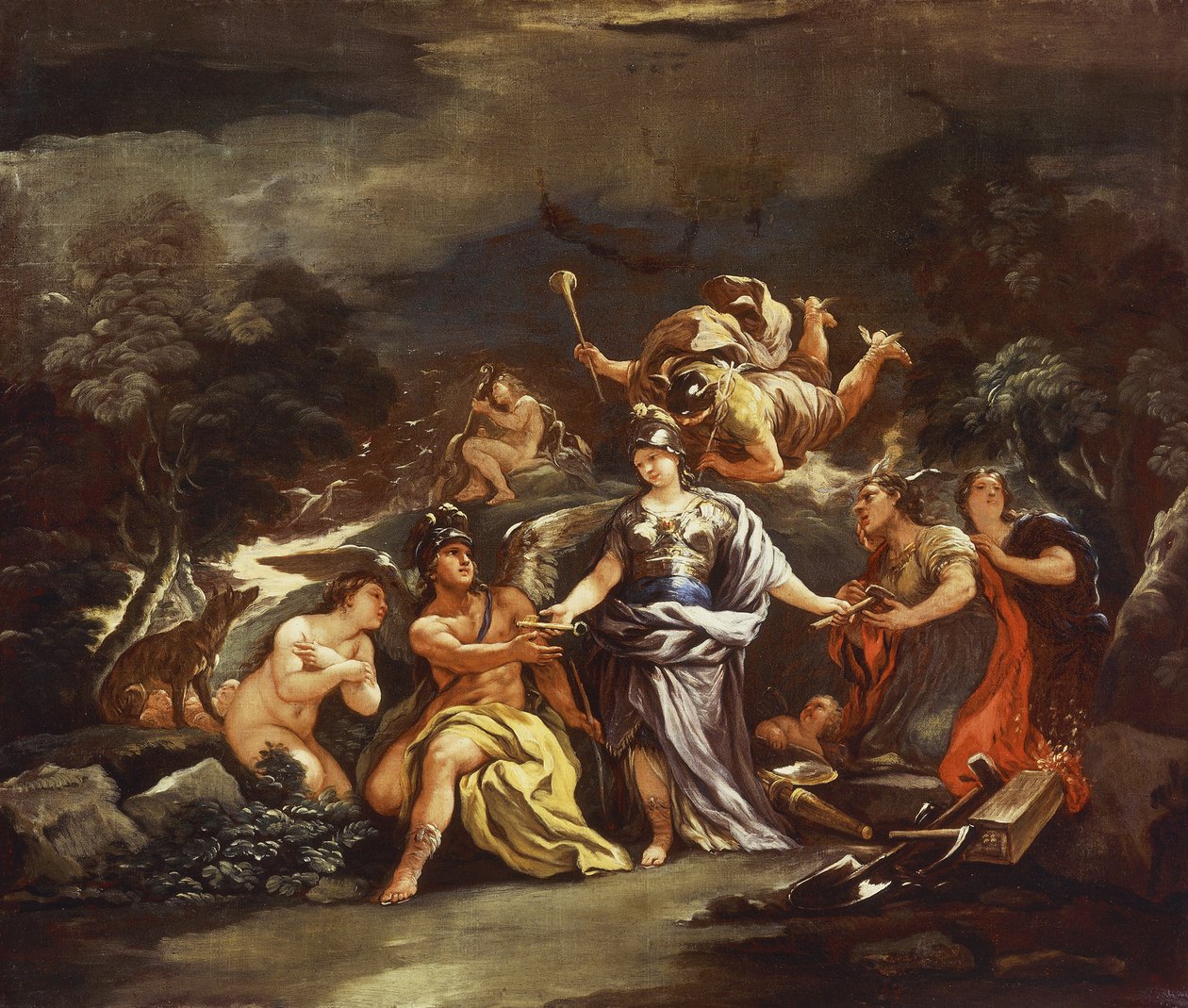 Minerva jako patronka umění a věd, Luca Giordano, olej na plátně od Luca Giordano