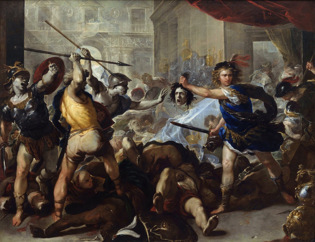 "Perseus obrátil Phinea a jeho nepřátele v kámen tím, že se před nimi oháněl hlavou Medúzy"" (Perseus obrátil Phinea a jeho následovníky v kámen) Malba Lucy Giordana (1632-1705) kolem roku 1680 Národní galerie, Londýn od Luca Giordano