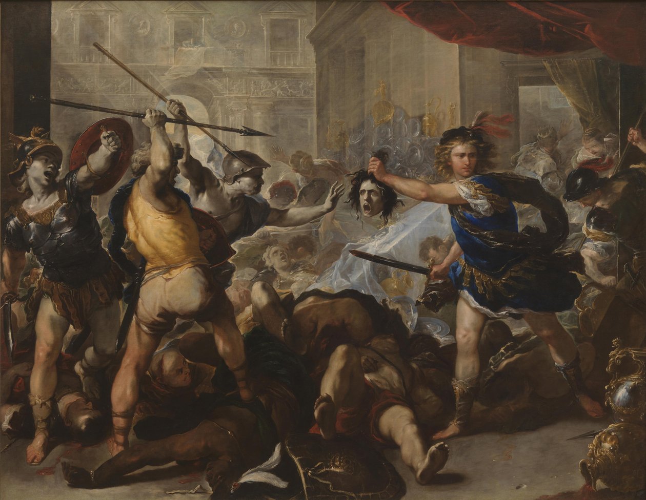 Perseus přeměnil Phinease a jeho následovníky na kámen, počátek 80. let 17. století od Luca Giordano