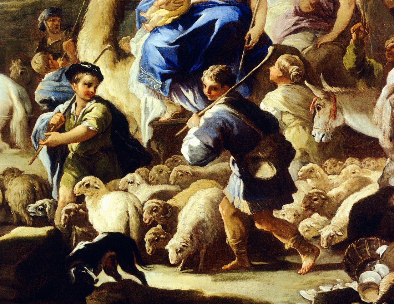 Ovce a pastýři, detail z Rebečina odjezdu do Kanaánu, Luca Giordano (1634-1705), olej na mědi, 59x85 cm od Luca Giordano