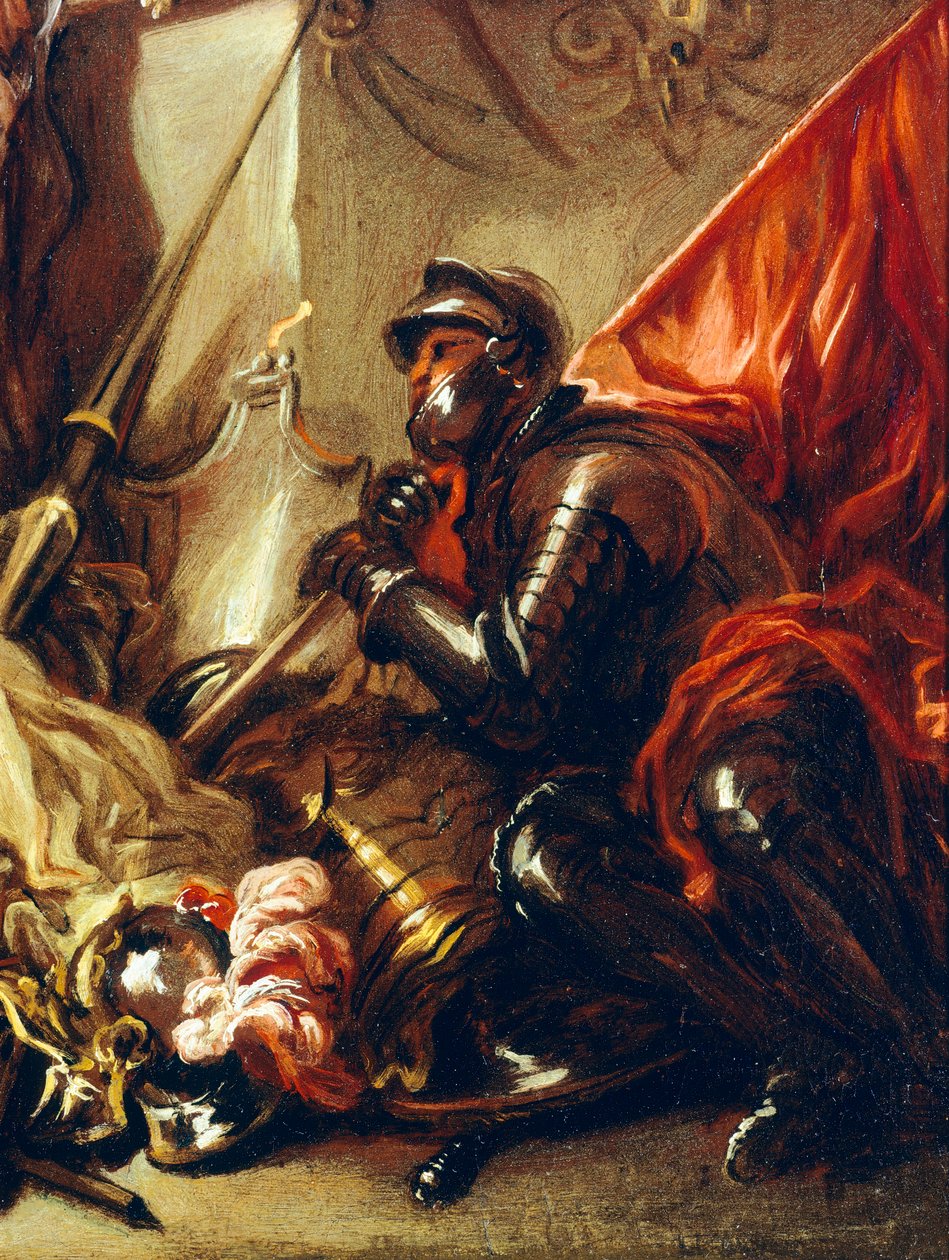 Voják držící prapor, detail z Alegorie války, Luca Giordano (1634-1705), olej na plátně, 61x50 cm od Luca Giordano