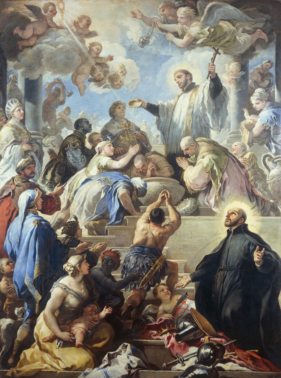 Sv. František Xaverský křtí Indiány, Luca Giordano (1634-1705), olej na plátně, 421x315 cm od Luca Giordano
