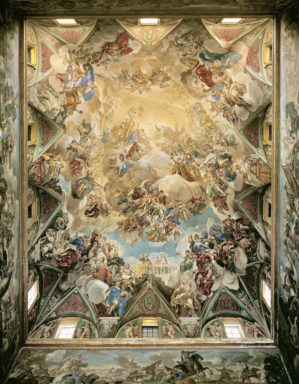 Nebeská sláva a triumf Habsburků, ze stropu nad velkým schodištěm od Luca Giordano