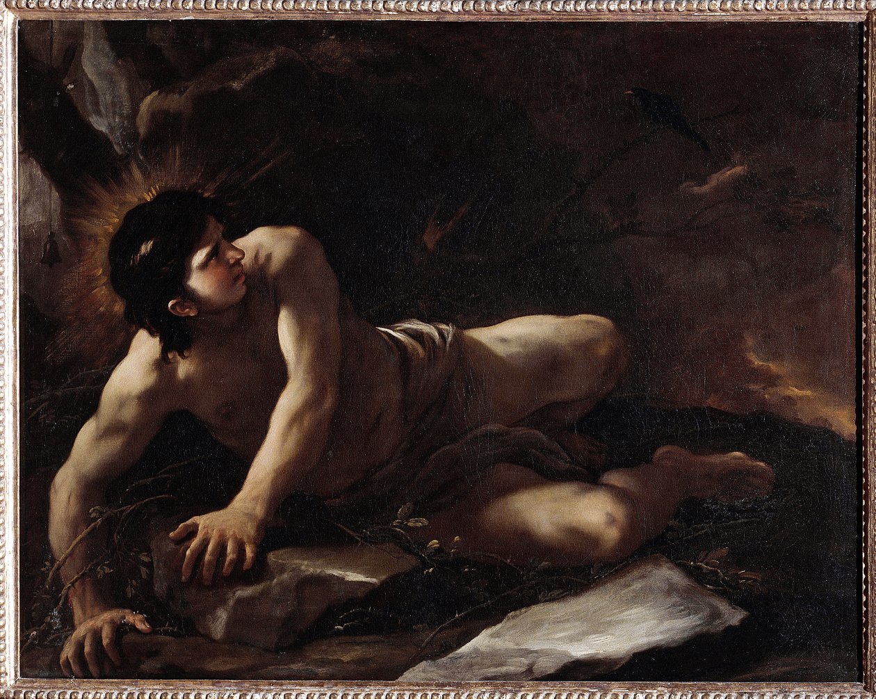 Pokušení svatého Benedikta, který se vrhá do ostružiní, aby se vyhnul pokušení) Malba Lucy Giordana (1634-1705) Museo dell