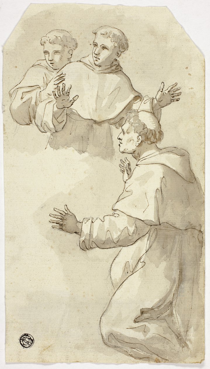 Tři vyděšení mniši, jeden klečící, dva stojící od Luca Giordano