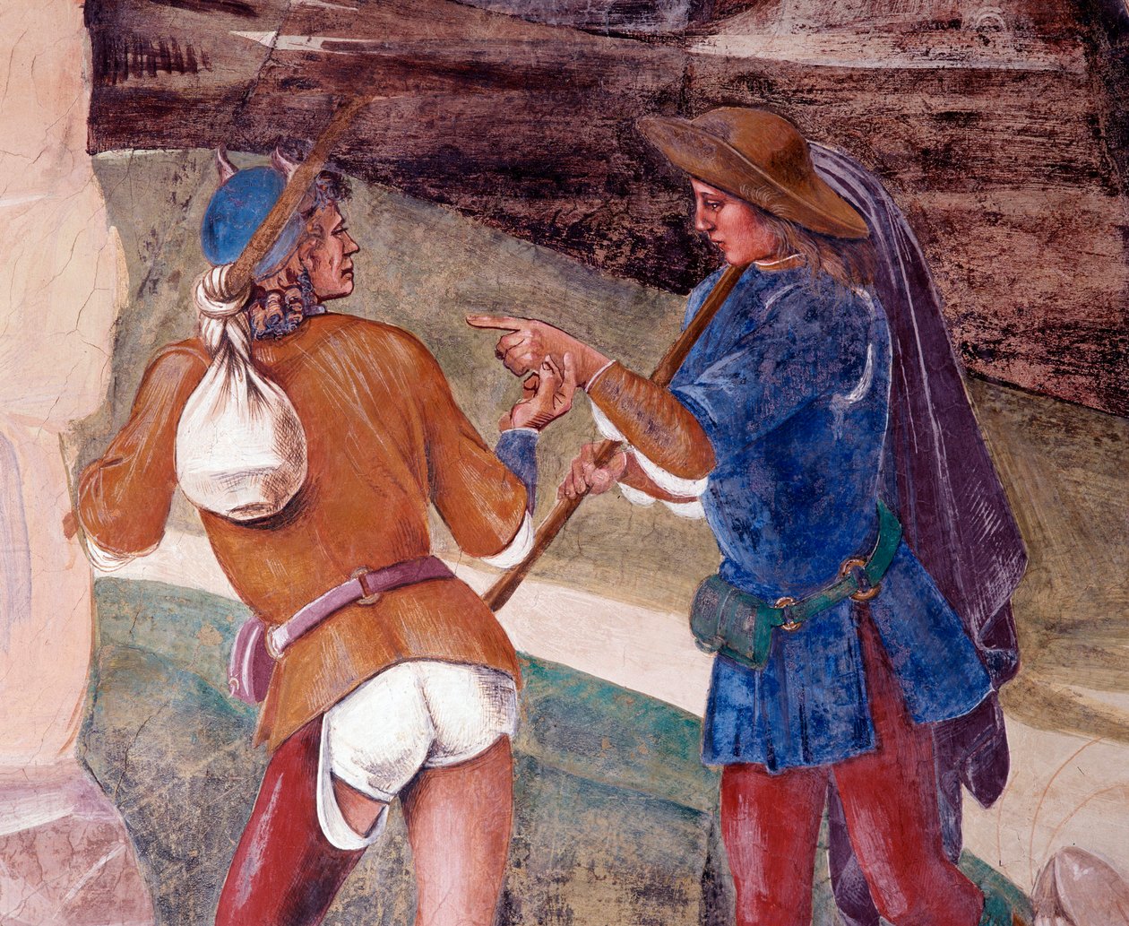 Benedikt napomíná bratra mnicha Valeriana, který porušil svou rychlou fresku Detail klášterní fresky od Lucy Signorelliho (asi 1445-1523) vyprávějící o životě svatého Benedikta z Nursie (480-567), zakladatele řádu Benediktinů 1497-1498 Abbey of Monte od Luca Signorelli
