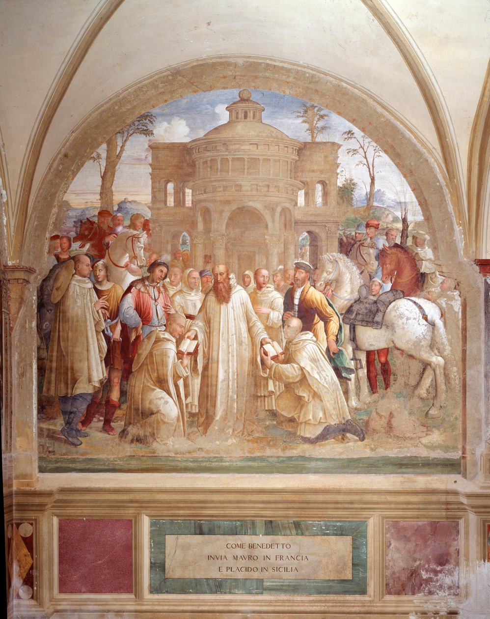 Benedikt posílá Maura do Francie a Placida na Sicílii (Benedikt posílá Maura do Francie a Placid na Sicílii) Freska kláštera od Lucy Signorelliho vyprávějící o životě svatého Benedikta z Nursie (480 - 567), zakladatele řádu benediktinů 1497- od Luca Signorelli