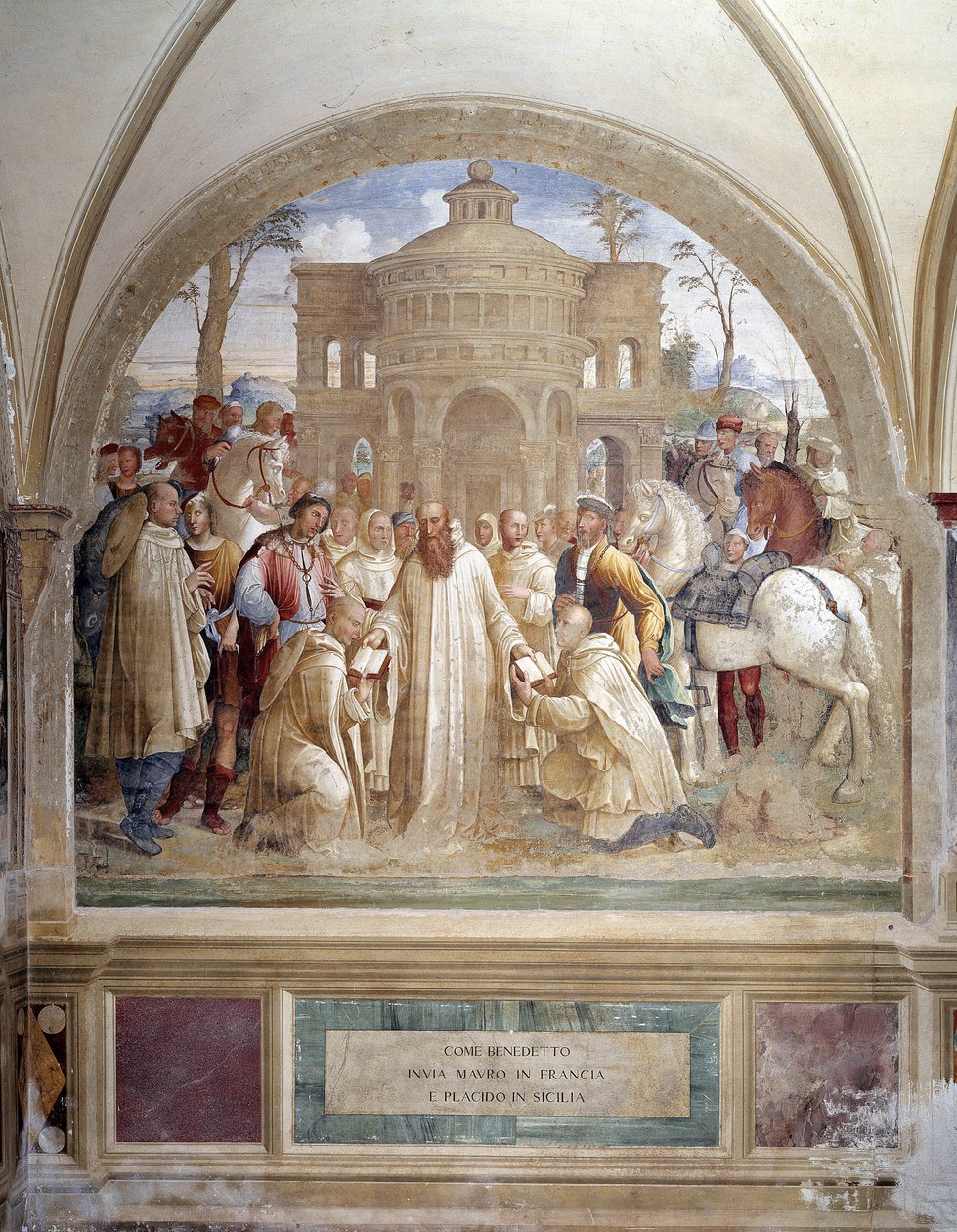 Benedikt posílá Maura do Francie a Placida na Sicílii (Benedikt posílá Maura do Francie a Placid na Sicílii) Freska kláštera od Lucy Signorelliho vyprávějící o životě svatého Benedikta z Nursie (480 - 567), zakladatele řádu benediktinů 1497- od Luca Signorelli