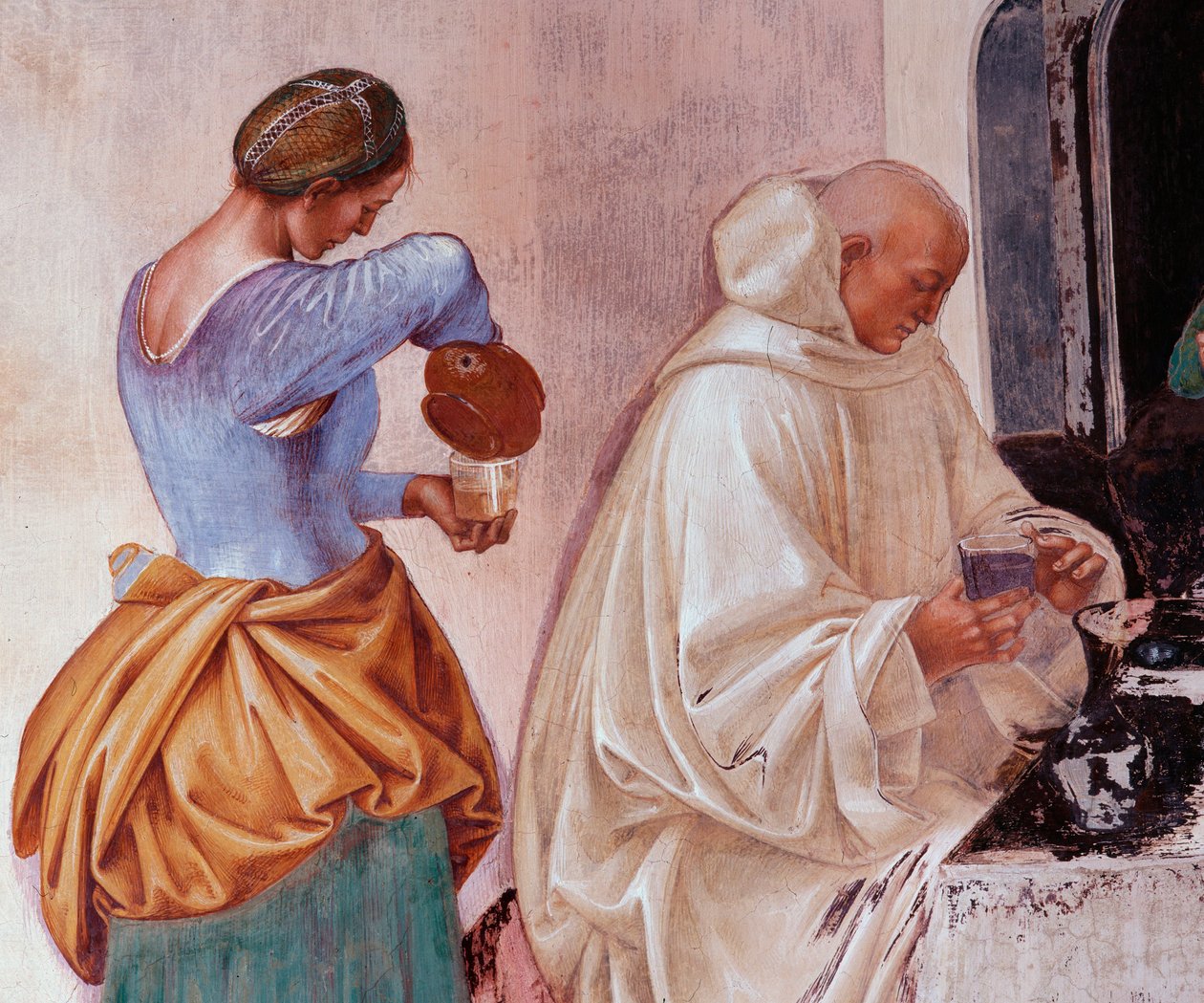 Benedikt řekl mnichům, kde a kdy jedli mimo klášter Detail Klášterní freska od Lucy Signorelliho (asi 1445-1523) vyprávějící o životě svatého Benedikta z Nursie (480-567), zakladatele řádu Benediktinů 1497-1498 Opatství Monte Ol od Luca Signorelli