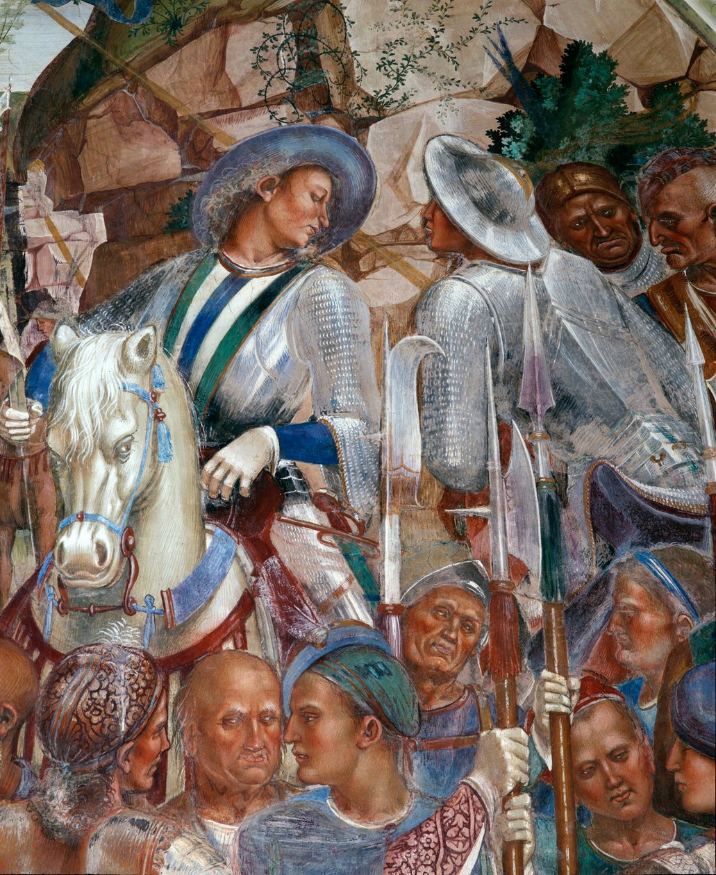 Benoit poznává a vítá krále Gótů Totilu, který se přišel osobně omluvit za to, že Benoita podrobil zkoušce (Benedict vítá Totilu, který se přišel omluvit za to, že Benedikta podrobil zkoušce) Detail královského doprovodu - Cloiste od Luca Signorelli