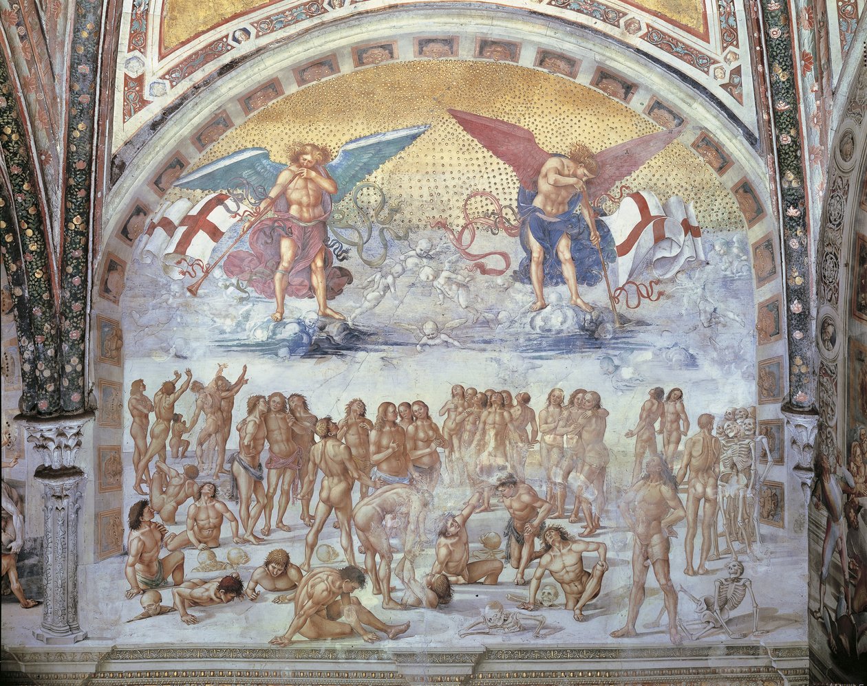 Detailní záběr na fresku v katedrále, Vzkříšení těla, Luca Signorelli, Orvieto, Umbria, Itálie od Luca Signorelli