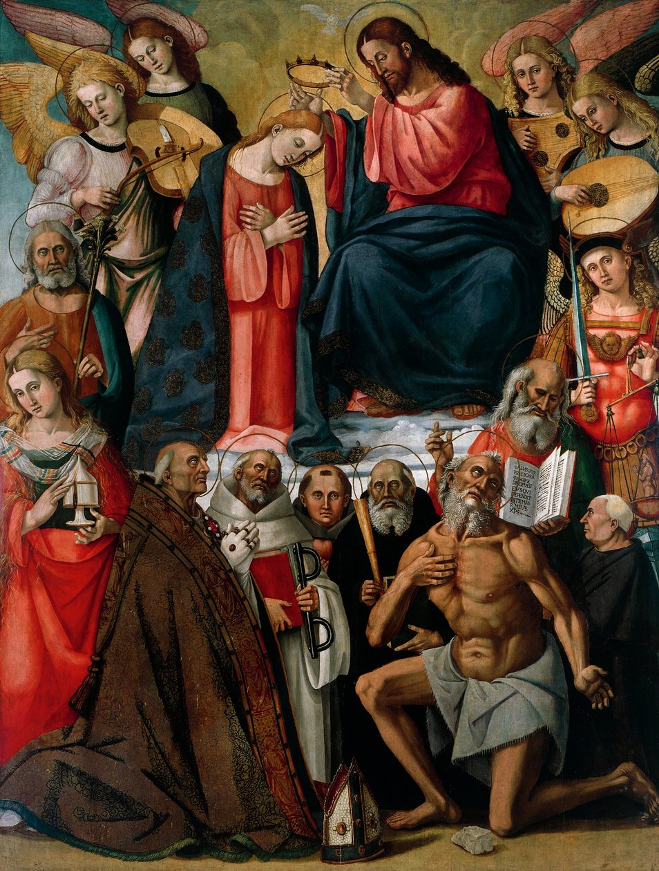 Korunovace Panny Marie s anděly a svatými Luca Signorelli (kolem 1445-1523) a jeho asistenti, Kolegiátní kostel svatého Martina a Leonarda, Foiano della Chiana, Arezzo od Luca Signorelli
