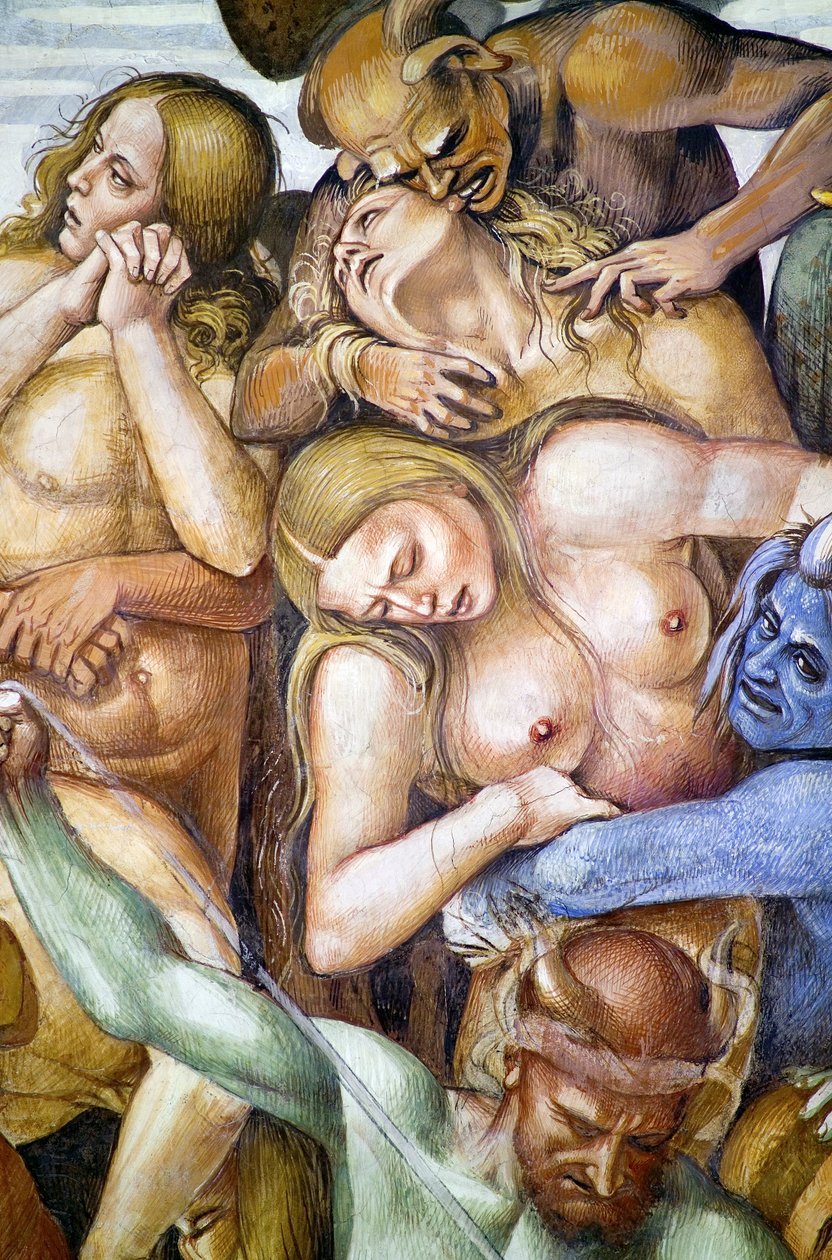 Zatraceni v pekle, detail s autoportrétem Lucy Signorelliho v přestrojení za modrého démona, z cyklu fresek Poslední soud od Luca Signorelli