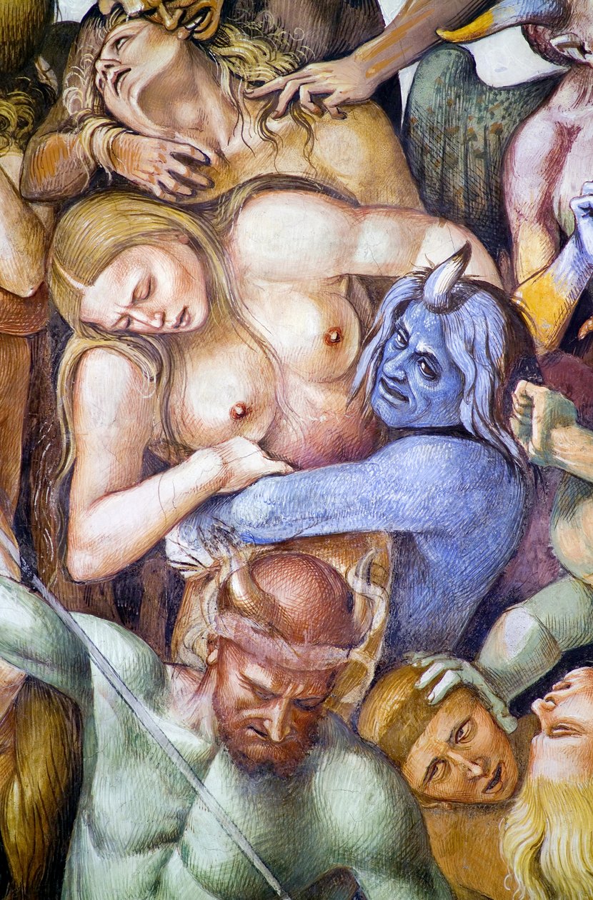 Zatraceni v pekle, detail s autoportrétem Lucy Signorelliho v přestrojení za modrého démona, z cyklu fresek Poslední soud od Luca Signorelli