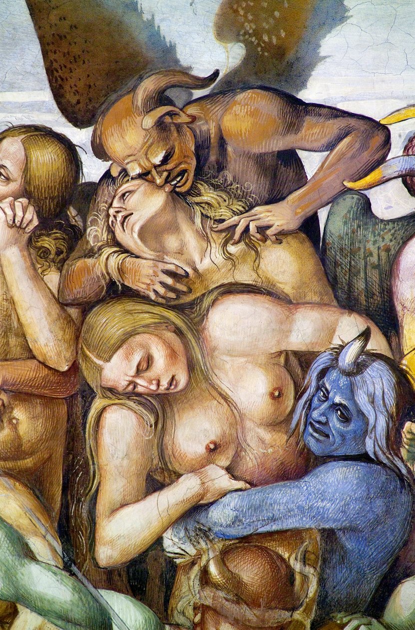 Zatraceni v pekle, detail s autoportrétem Lucy Signorelliho v přestrojení za modrého démona, z cyklu fresek Poslední soud od Luca Signorelli