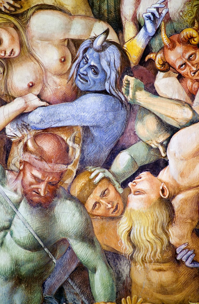 Zatraceni v pekle, detail s autoportrétem Lucy Signorelliho v přestrojení za modrého démona, z cyklu fresek Poslední soud od Luca Signorelli