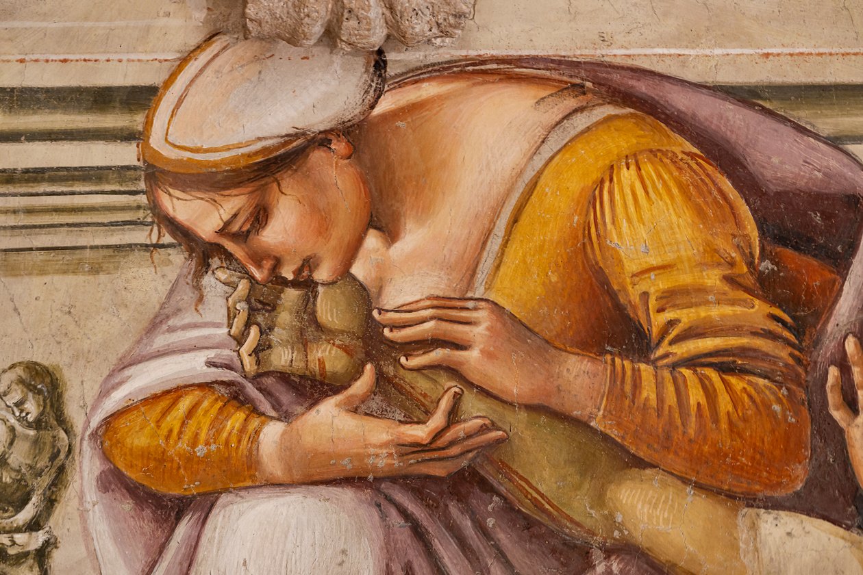 Oplakávání mrtvého Krista mezi dvěma svatými z Orvieta (S. Parenzo vpravo a S. Faustino vlevo), detail od Luca Signorelli