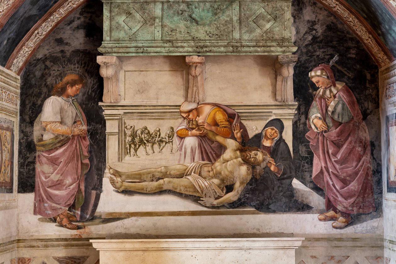 Oplakávání mrtvého Krista mezi dvěma svatými z Orvieta (S. Parenzo vpravo a S. Faustino vlevo) od Luca Signorelli