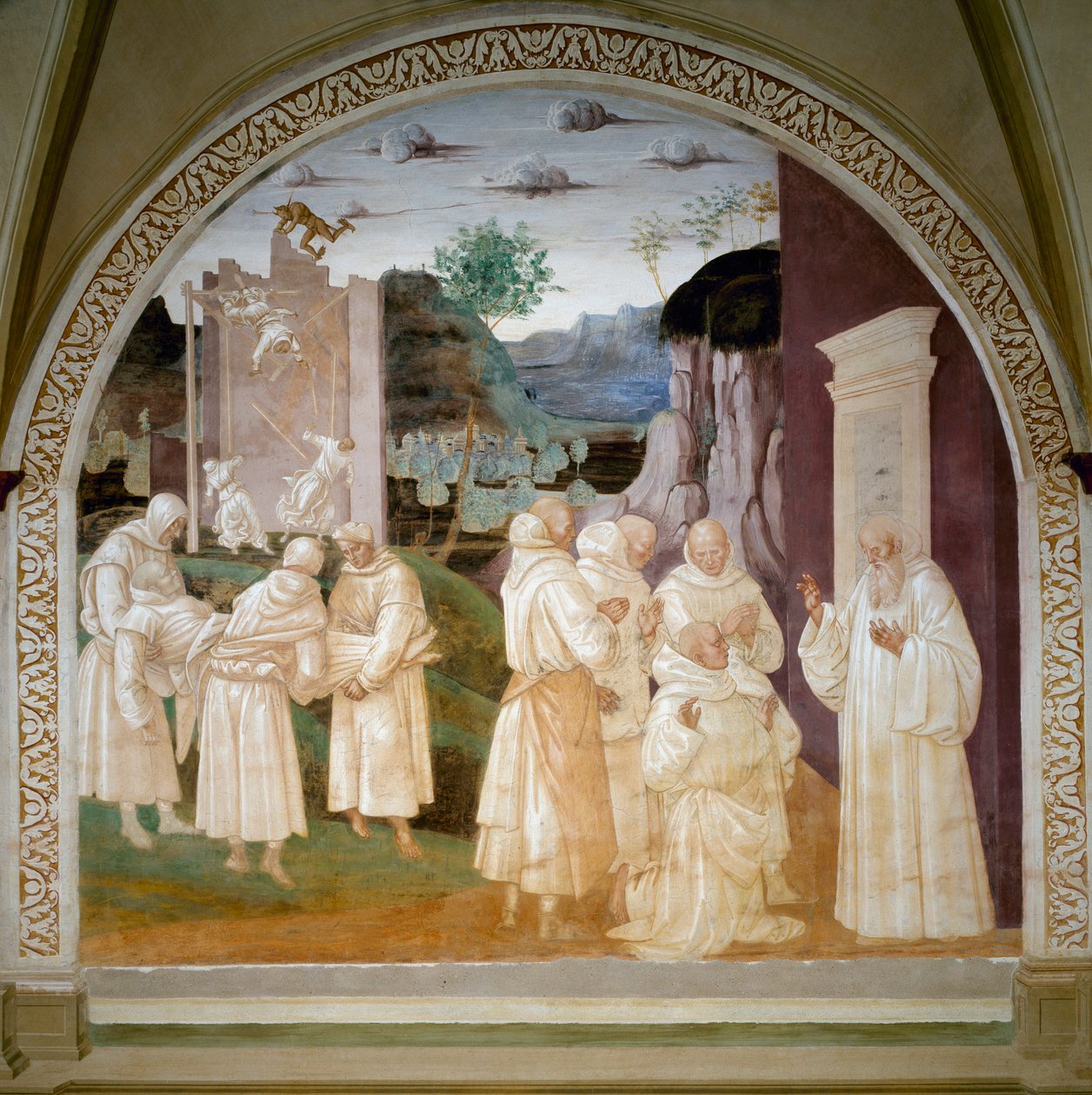 Život svatého Benoita: „“ Saint Benoit vzkřísí pracujícího mnicha na staveništi kláštera Mount Cassin (monte cassino) po zřícení zdi kvůli démonovi. Freska od Lucy Signorelliho (asi 1445-1523) od Luca Signorelli