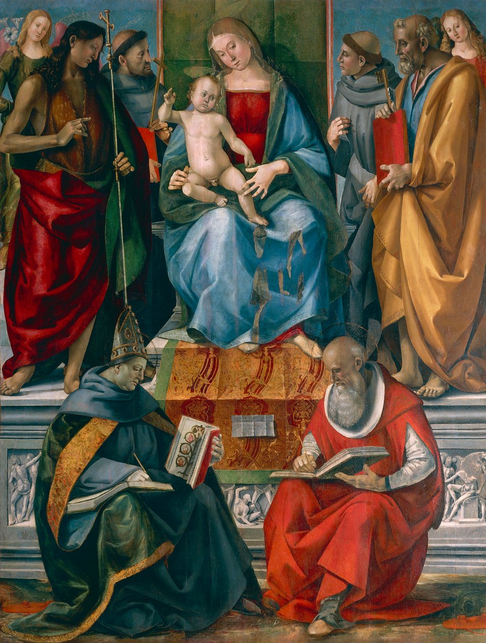 Madona s dítětem s Janem Křtitelem, Františkem z Assisi, Antonínem Paduánským, Josefem Bonaventurou a Jeronýmem, Luca Signorelli (asi 1445-1523) od Luca Signorelli