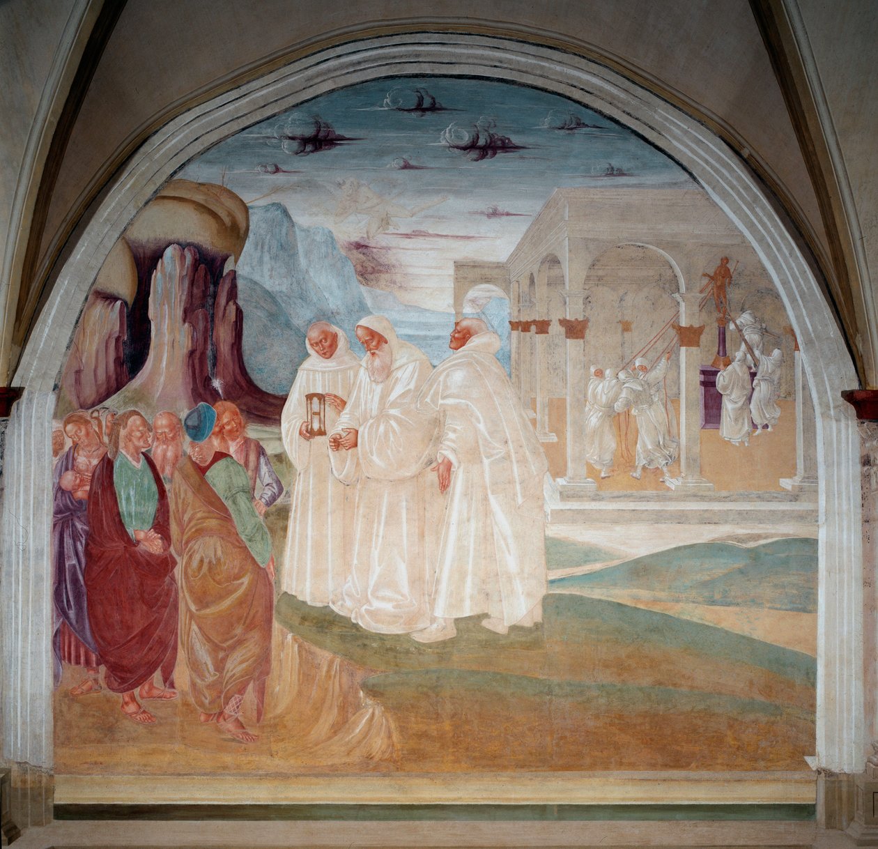 Svatý Benedikt evangelizoval obyvatele Monte Cassina, v pozadí mniši sestřelili sochu Apollóna (Fresco od Luca Signorelli