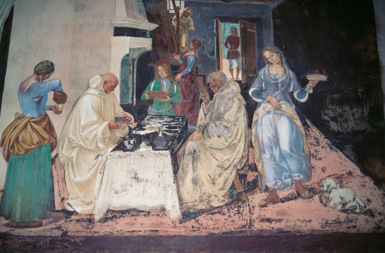 Svatý Benedikt napomíná dva mnichy, kteří porušili řeholi, scéna z Příběhů svatého Benedikta z Monte Oliveto Maggiore od Luca Signorelli