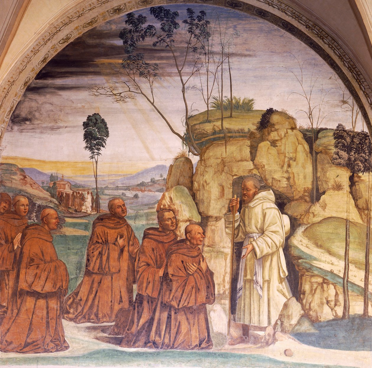 Příběhy svatého Benedikta, fresky Lucy Signorelli (kolem 1445-1523) v ambitu svatého Benedikta v Monte Oliveto, Siena, detail od Luca Signorelli