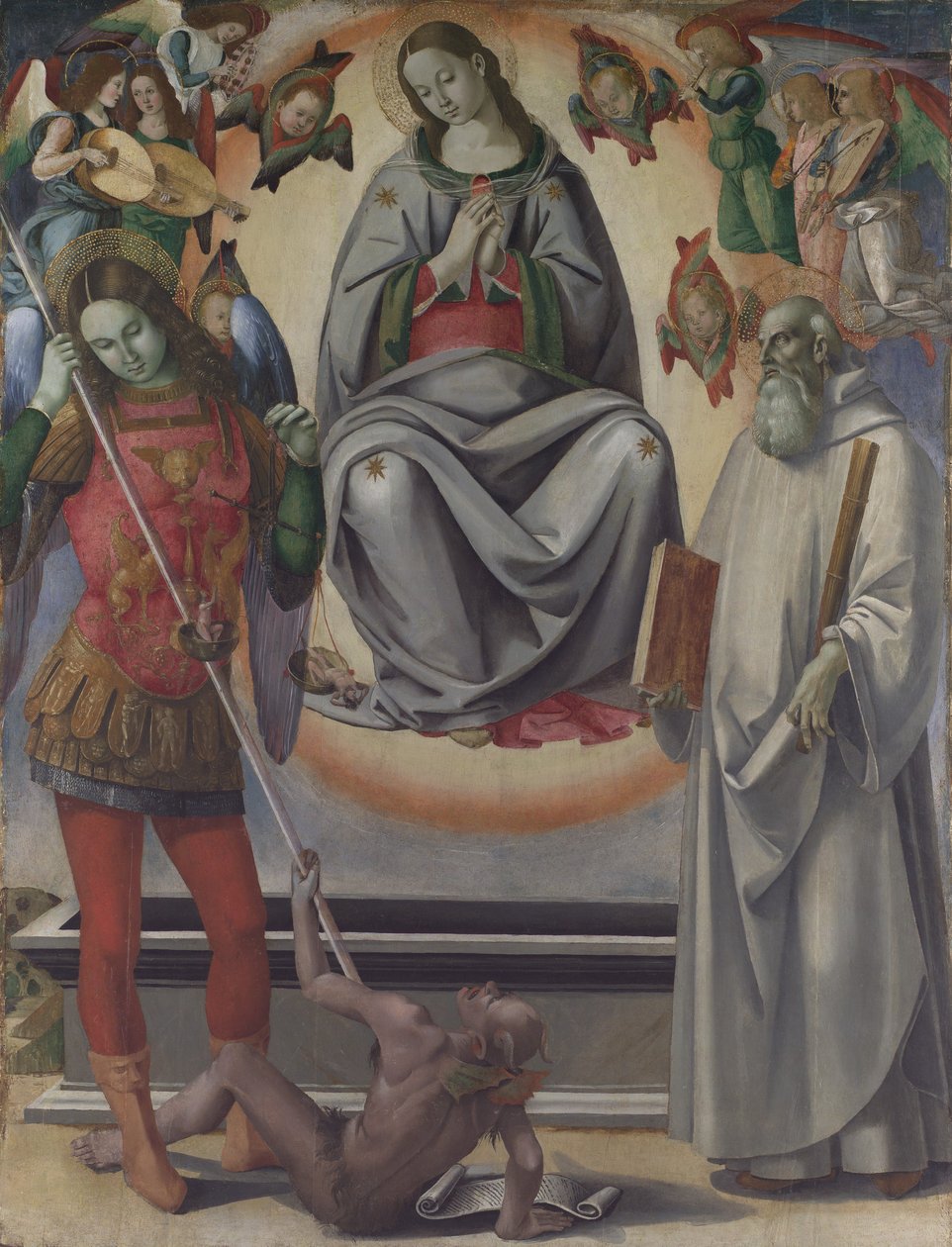 Nanebevzetí Panny Marie se svatými Michaelem a Benediktem, ca. 1493-96. od Luca Signorelli