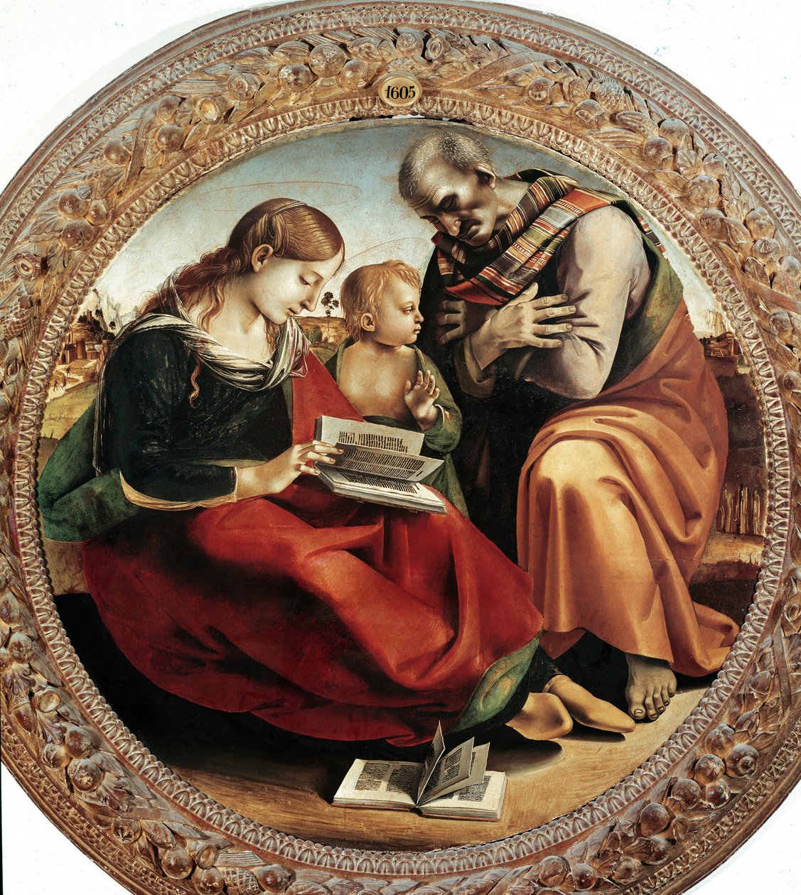 Svatá rodina. Obraz Luca Signorelli (1450-1523), kolem 1495. Tondo. Olej na plátně. Průměr: 124 cm. Florencie, Galerie Uffizi (Florencie, Muzeum Uffizi) od Luca Signorelli