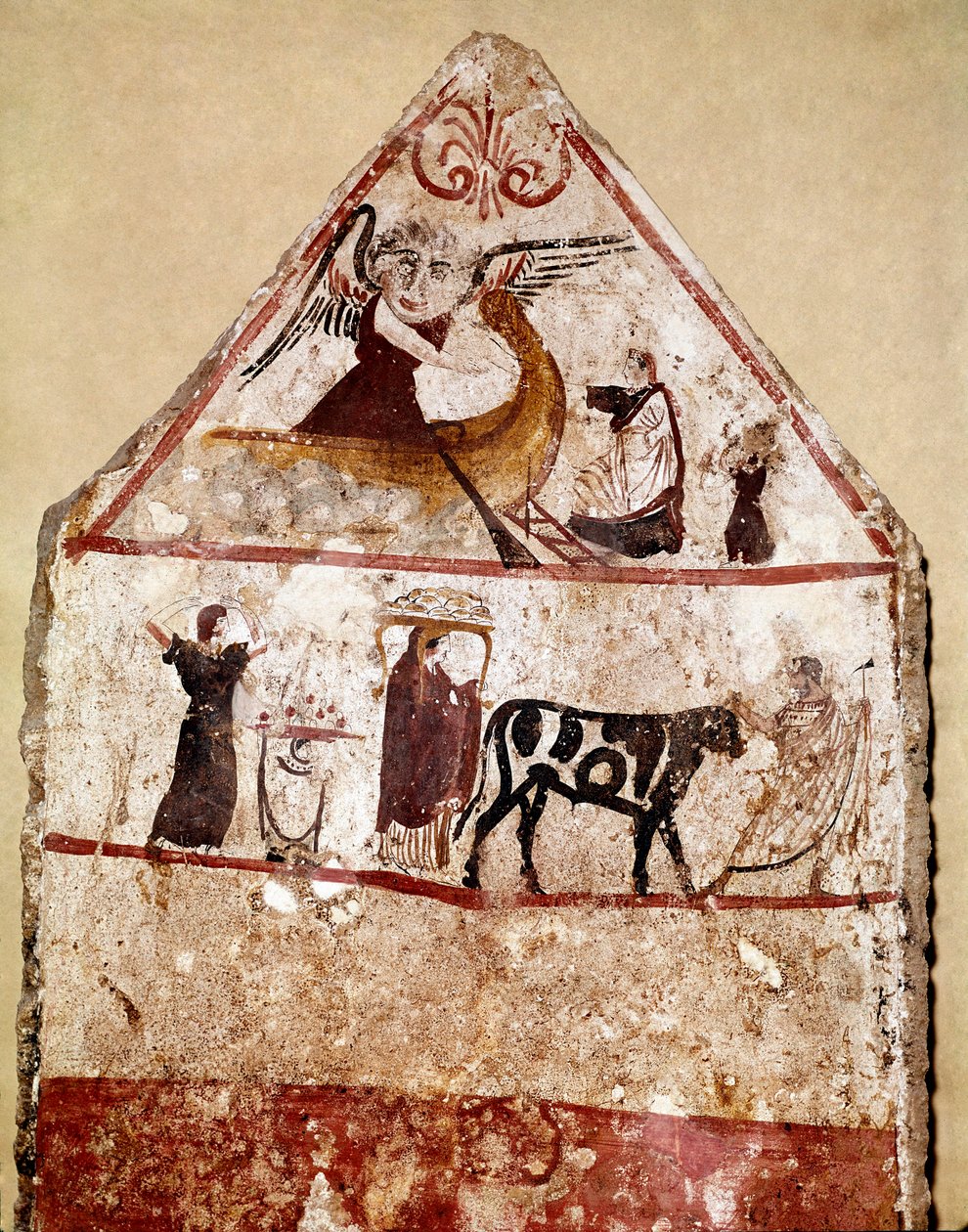 Býk vede na obětním oltáři lucanská freska ze 4. století př. n. l. z nekropole Andriuolo v italském Paestu. Museo nazionale archeologico, Paestum od Lucanian School