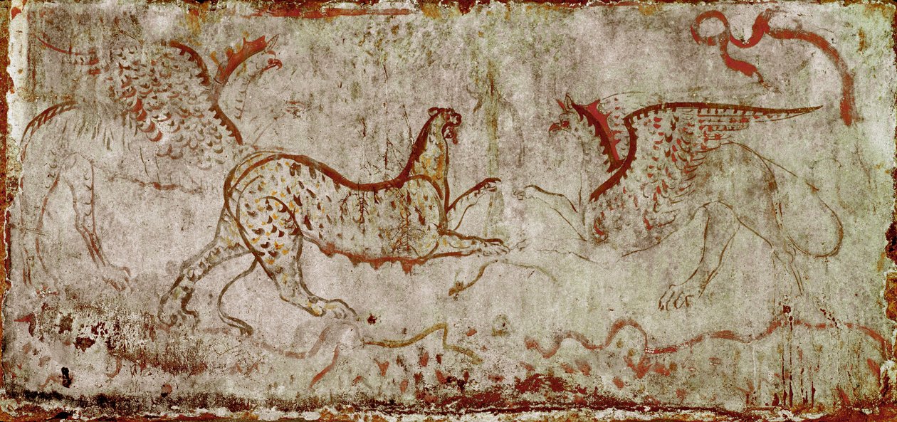 Boj mezi panterem a griffonem lucanská freska ze 4. století př. n. l. z hrobky Jezdce, nekropole Paestum, Itálie. Museo nazionale archeologico, Paestum od Lucanian School
