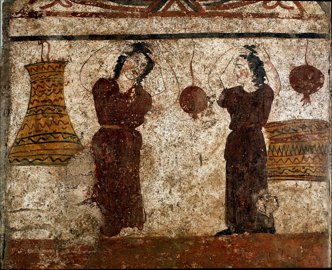 Skupina tanečníků během pohřebního obřadu lukánská freska ze 4. století před naším letopočtem z nekropole Paestum v Itálii. Museo nazionale archeologico, Paestum od Lucanian School