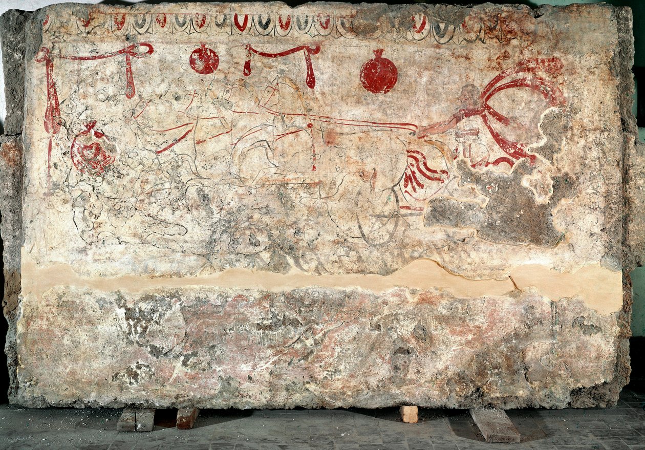 Kvadrigžová lukánská freska ze 4. století př. n. l. z nekropole Paestum v Itálii. Národní archeologické muzeum, Paestum od Lucanian School