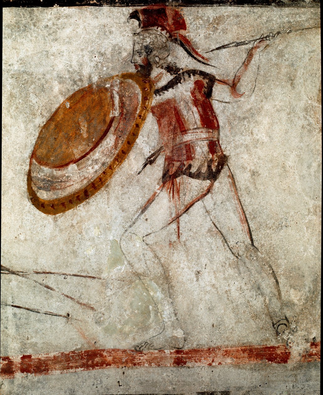 Válečník s kopím a štítem lucanská freska ze 4. století př. n. l. z Hrobky jezdce, naleziště Paestum, Itálie. Museo nazionale archeologico, Paestum od Lucanian School