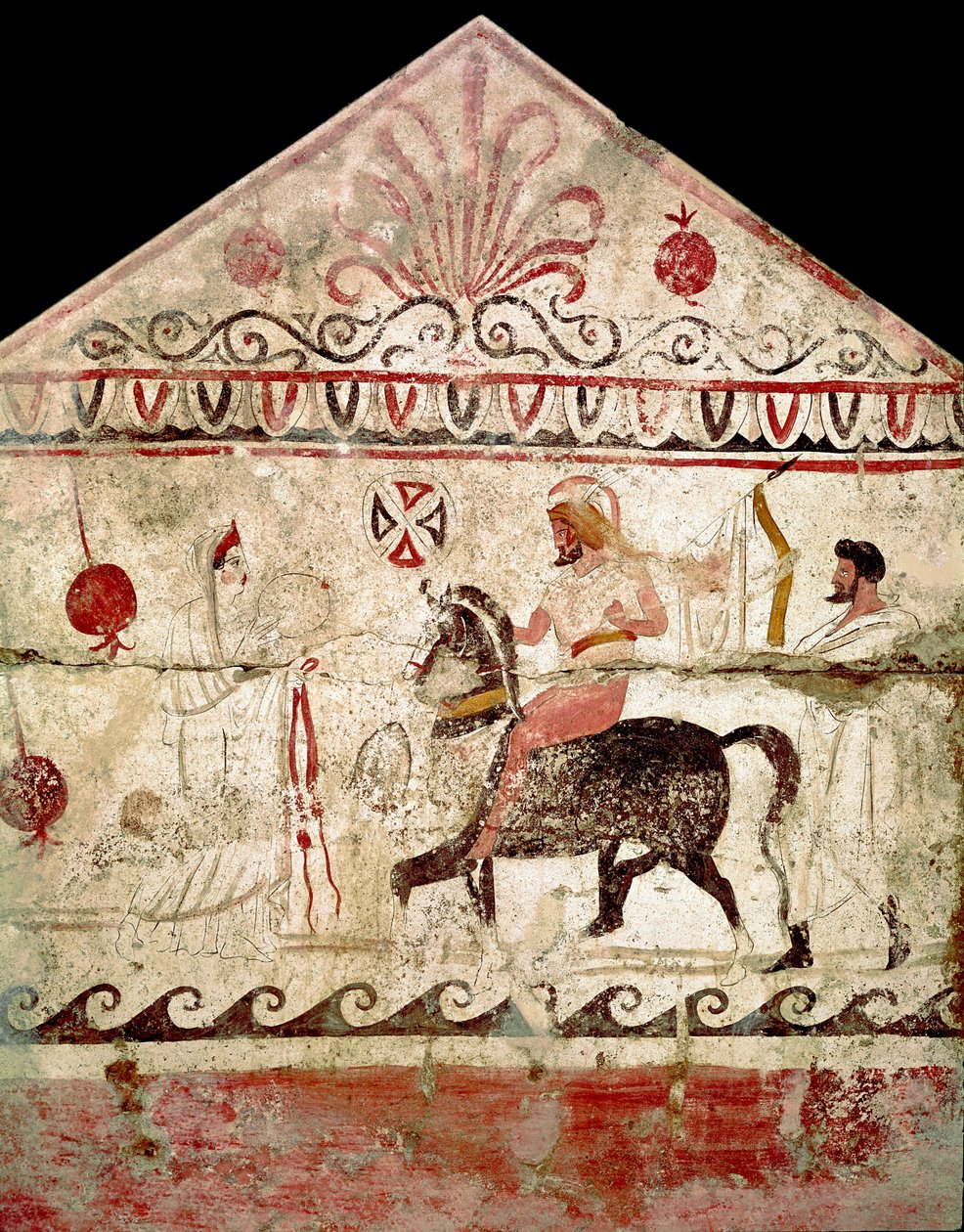 Návrat lucanské fresky vítězného válečníka ze 4. století př. n. l. pocházející z hrobky 86, nekropole Andriuolo a Paestum, Itálie. Museo nazionale archeologico, Paestum od Lucanian School