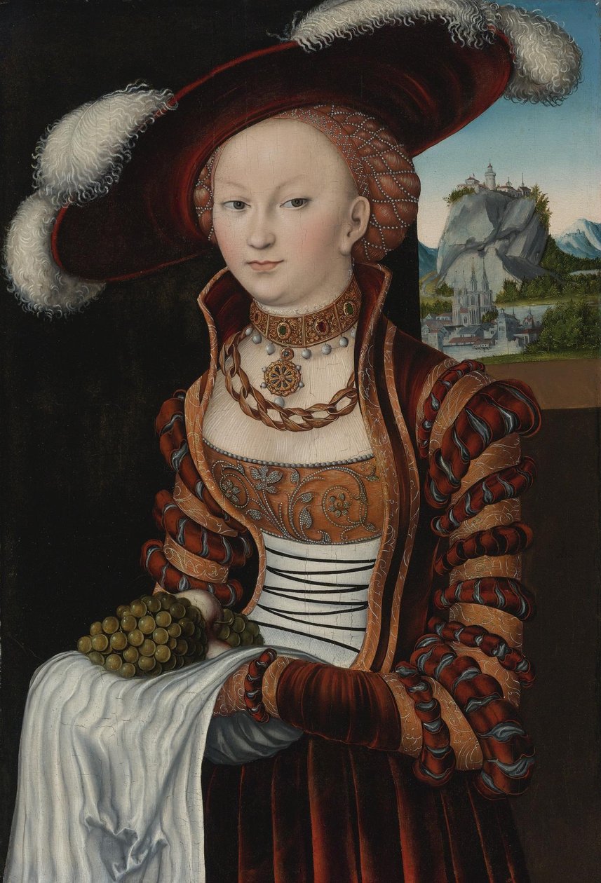 Portrét mladé ženy držící hrozny a jablka od Lucas Cranach the Elder