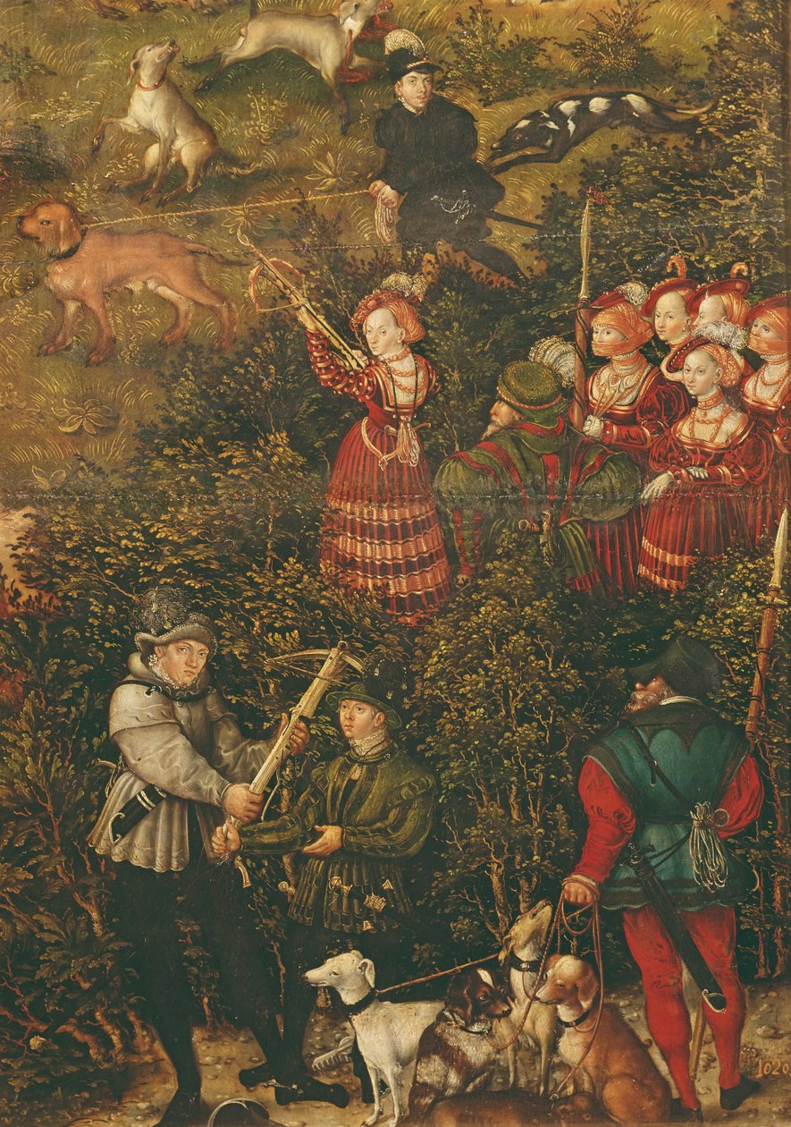 Saská kurfiřtka Sybilla se chystá střílet z kuše na honu na počest císaře Karla V. u hradu Hartenfels, Torgau, 1544 (viz také 38682, 498129,498131 a 7 od Lucas Cranach the Elder