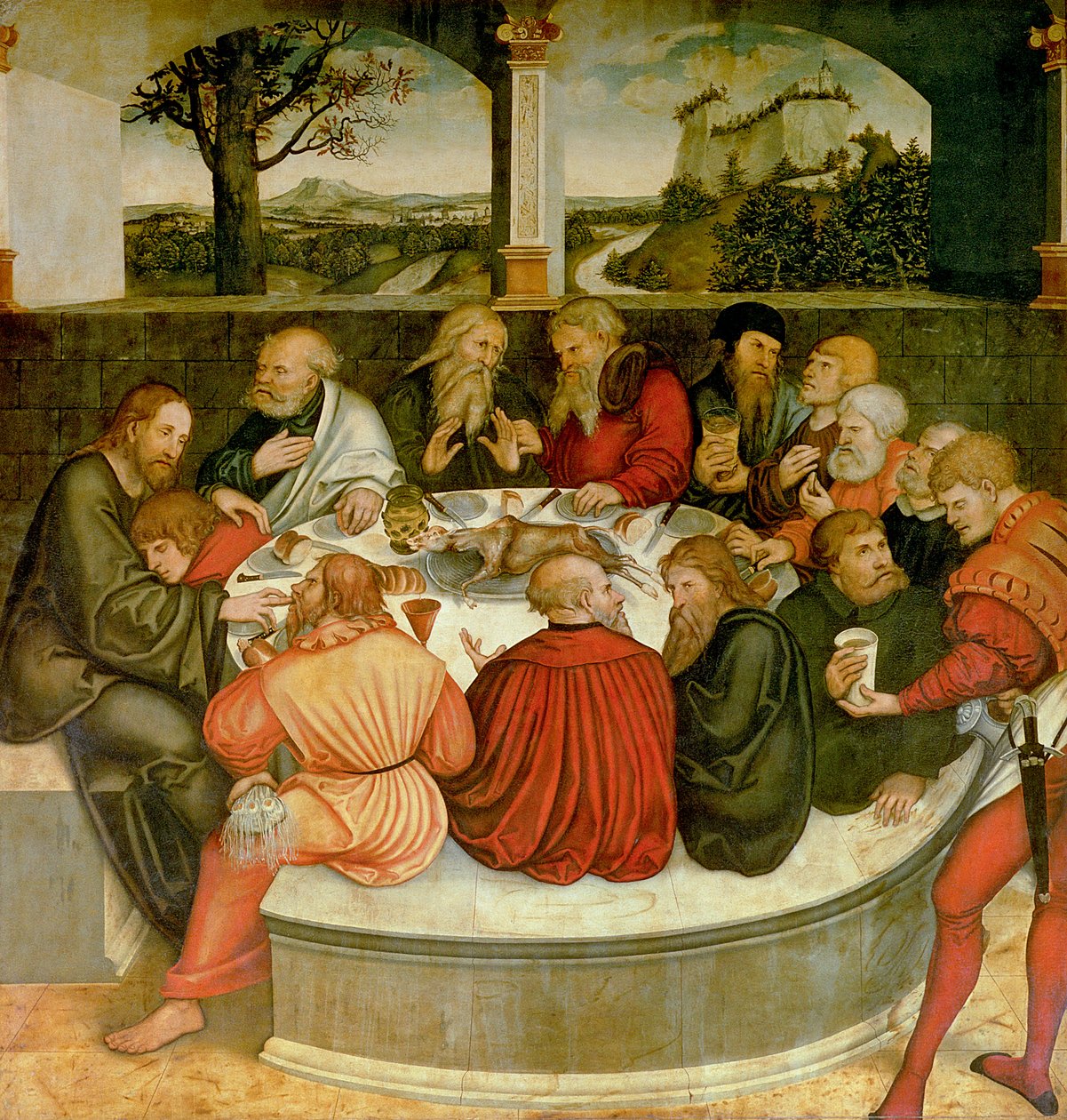 Triptych, levý panel, Philipp Melanchthon provádí křest za pomoci Martina Luthera; střední panel, Poslední večeře s Lutherem mezi apoštoly; pravý panel, Luther se přiznává; Luther od Lucas Cranach the Elder
