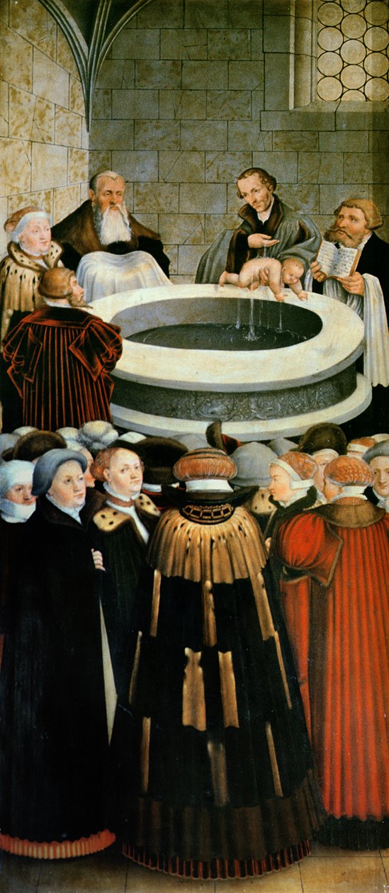Triptych, levý panel, Philipp Melanchthon provádí křest za pomoci Martina Luthera; střední panel, Poslední večeře s Lutherem mezi apoštoly; pravý panel, Luther se přiznává; Luther od Lucas Cranach the Elder